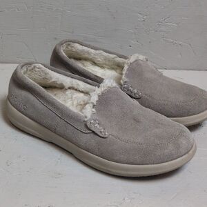 Vionic Lynez Slippers Womens 5 Gray Suede Faux Fur Indoor Comfort Shoes